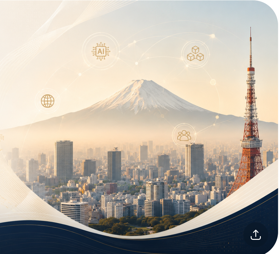 Tokyo Tower at golden hour with Mount Fuji in the background